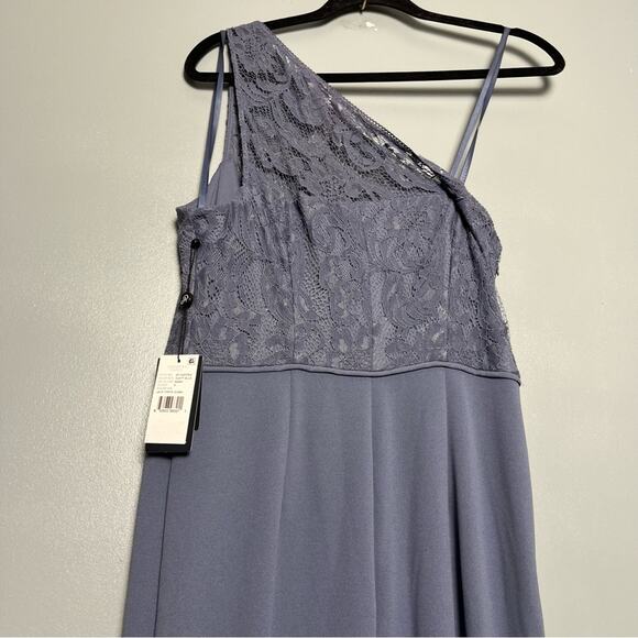 NWT Adrianna Papell One Shoulder Lace Crepe Gown Dusty Blue Women’s Size 8 - Picture 6 of 11
